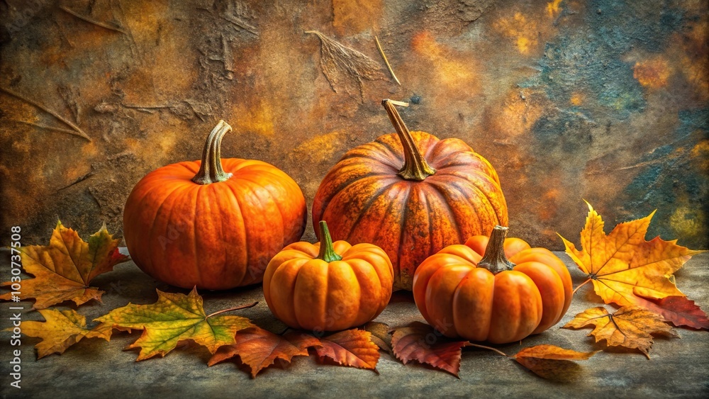 Four pumpkins and autumn leaves on a textured background macro Four pumpkins and autumn leaves on a textured background macro