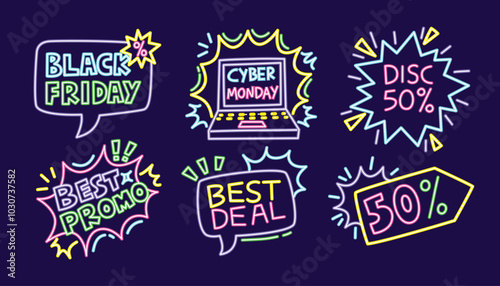 Black Friday Cyber Monday promo icons with retro neon style