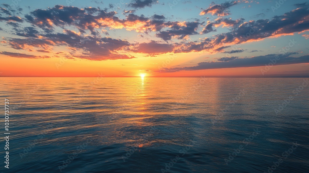 Obraz premium Quiet sunset over the calm waters of Lake Michigan, with room for copy in the sky