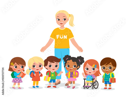 Group of elementary school children and teacher standing in the classroom and talking to each other. Happy teacher and kids meet and make friends at school.