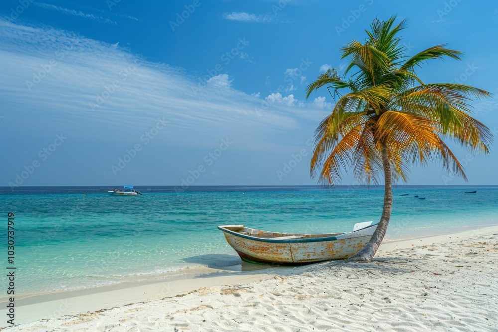 Palm Tree on White Sandy Beach with Boats in Blue Sea, Clear Sky for Summer Vacation in Maldives Palm Tree on White Sandy Beach with Boats in Blue Sea, Clear Sky for Summer Vacation in Maldives