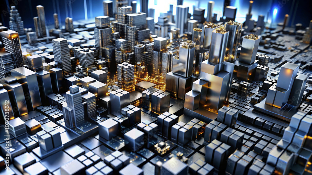 Fototapeta premium Futuristic cityscape with metallic skyscrapers densely stacked next to each other, reflecting the light in a grid-like pattern. It suggests a high-tech, digital theme with its geometric precision. AI