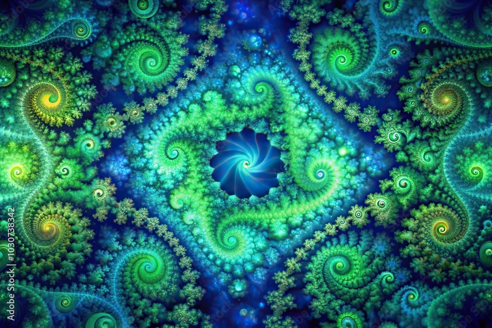 Fractal realms abstraction in green and blue colors with dark background