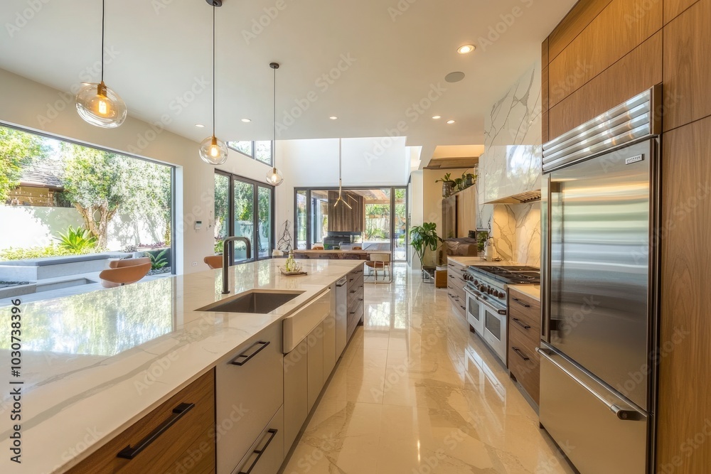 Interior of modern kitchen with counters and stylish fridge - generative ai Interior of modern kitchen with counters and stylish fridge - generative ai