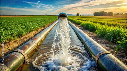 Forced perspective of water gushing from tube well, pipeline for irrigation photo