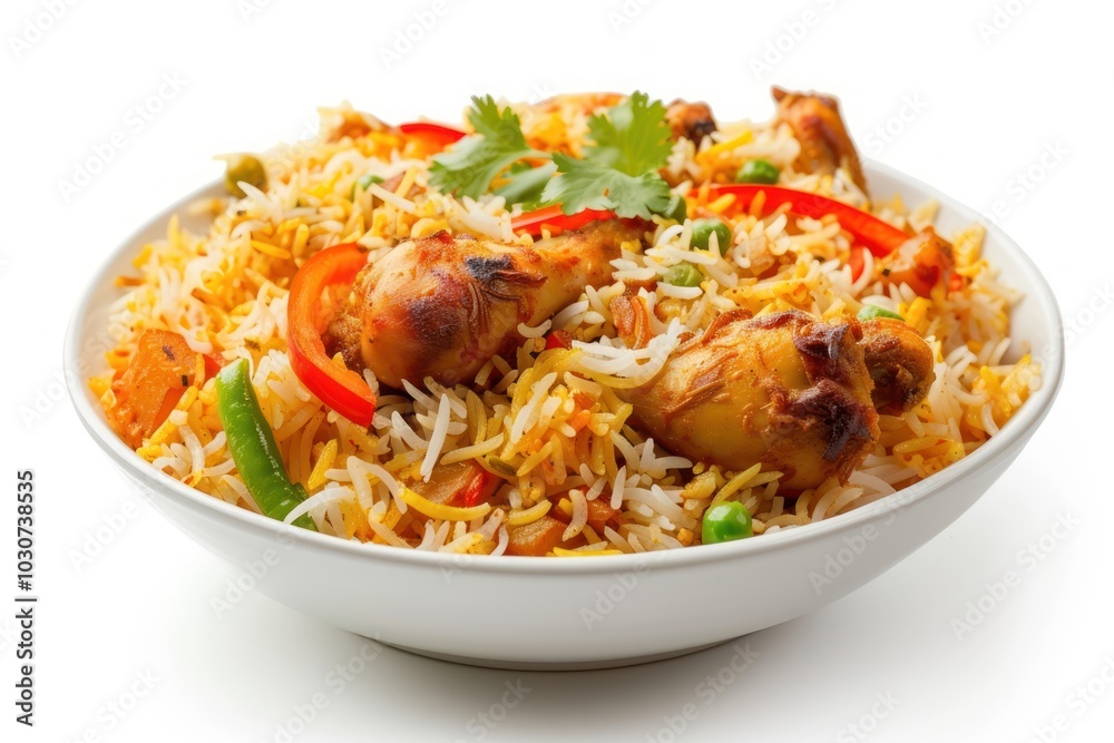 Photo of chicken biryani food rice white background. Photo of chicken biryani food rice white background.