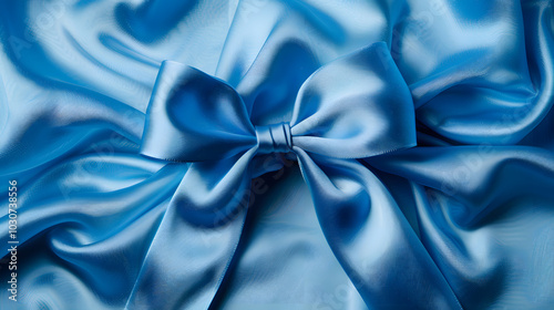 Elegant blue satin bow on soft fabric backdrop