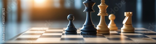 Close-up of a chessboard with black and white pieces under warm sunlight, symbolizing strategy and intelligence in decision-making.