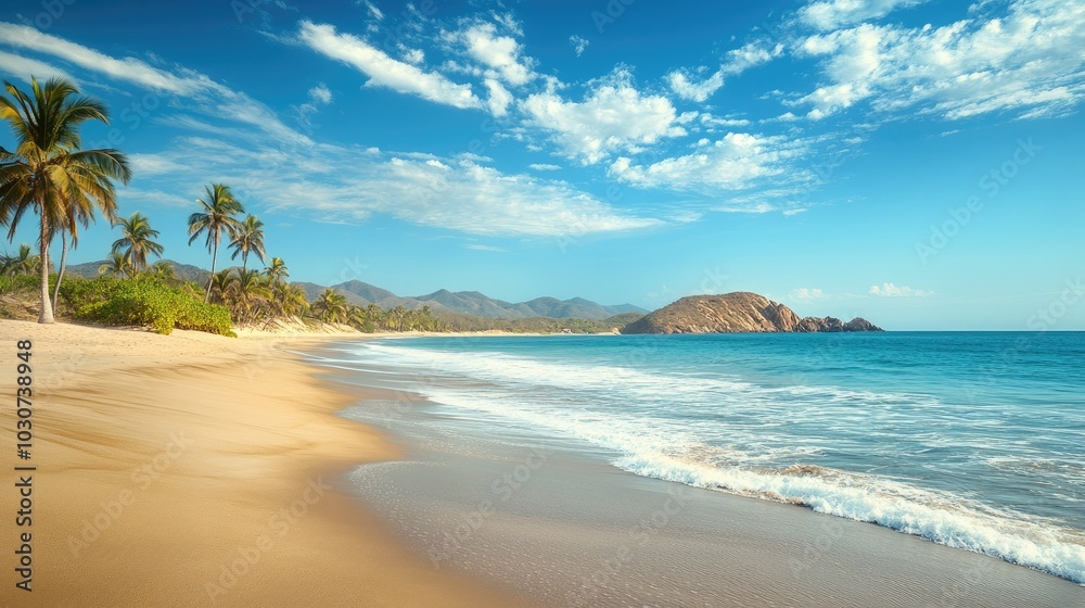 Serene beach on the Pacific coast of Mexico, with plenty of space for text Serene beach on the Pacific coast of Mexico, with plenty of space for text