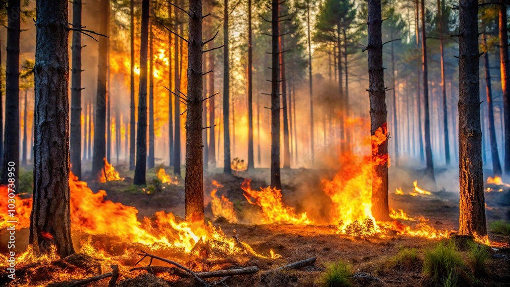 Forest fire burning heavily in a wooded area Forest fire burning heavily in a wooded area