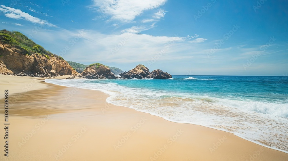 Fototapeta premium Serene beach on the Pacific coast of Mexico, with plenty of space for text