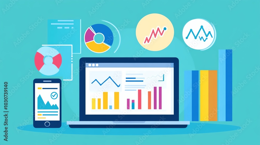 Colorful digital analytics dashboard with graphs and charts, showcasing data analysis on a laptop and smartphone. Colorful digital analytics dashboard with graphs and charts, showcasing data analysis on a laptop and smartphone.