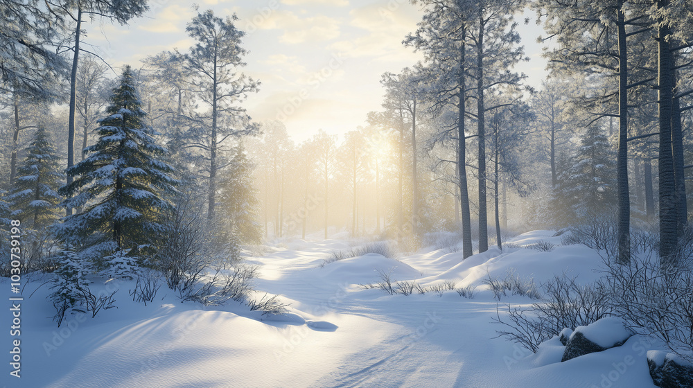 Winter forest with fluffy snow and soft warm sunlight, creating a peaceful and cozy atmosphere. Winter forest with fluffy snow and soft warm sunlight, creating a peaceful and cozy atmosphere.