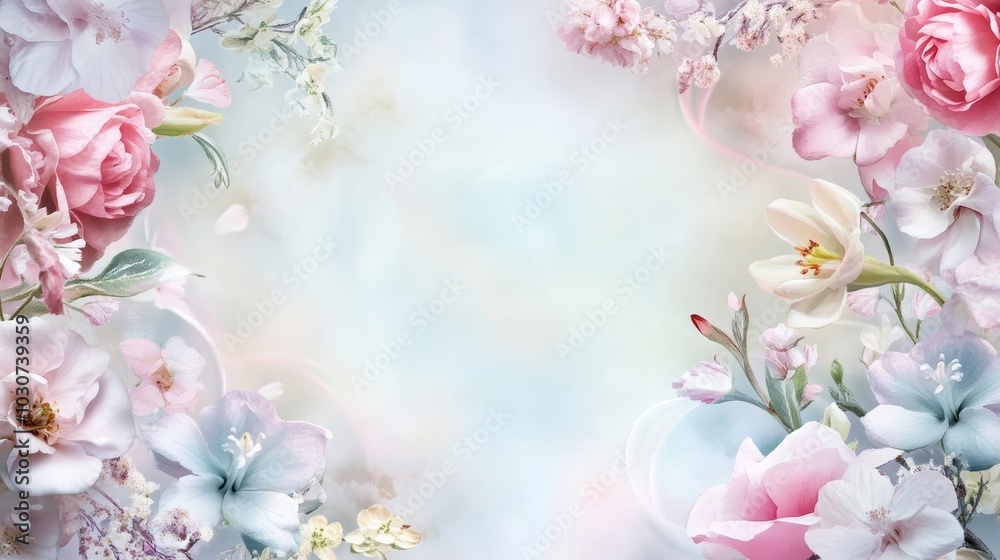 A charming floral-themed picture frame in pastel hues, set against a soft background, ideal for wedding photography A charming floral-themed picture frame in pastel hues, set against a soft background, ideal for wedding photography