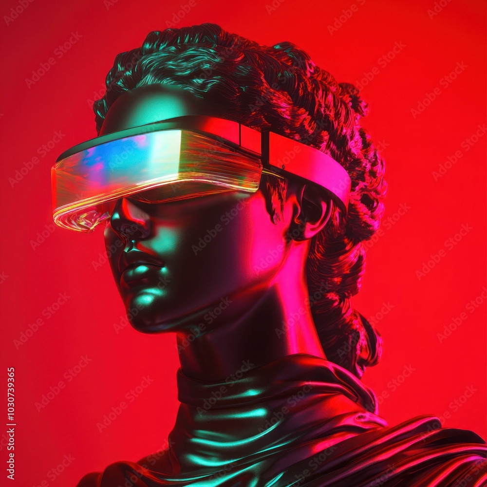 Cyberpunk bust with futuristic visor, red background.