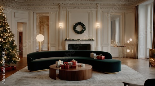 A modern living room showcases a green sofa, a decorated Christmas tree with gifts, and a cozy ambiance that highlights the holiday spirit amidst a winter backdrop