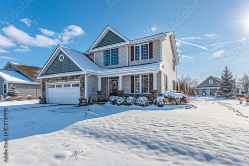 Winter Snow-Covered Suburban Home with Garage and Car, Blue Sky, Deep Shadows
