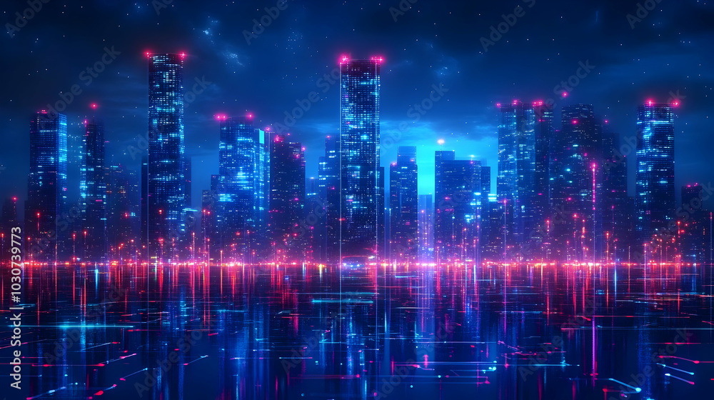 Futuristic city skyline with neon lights and reflections at night.