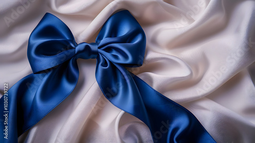 Elegant blue satin bow on soft fabric backdrop