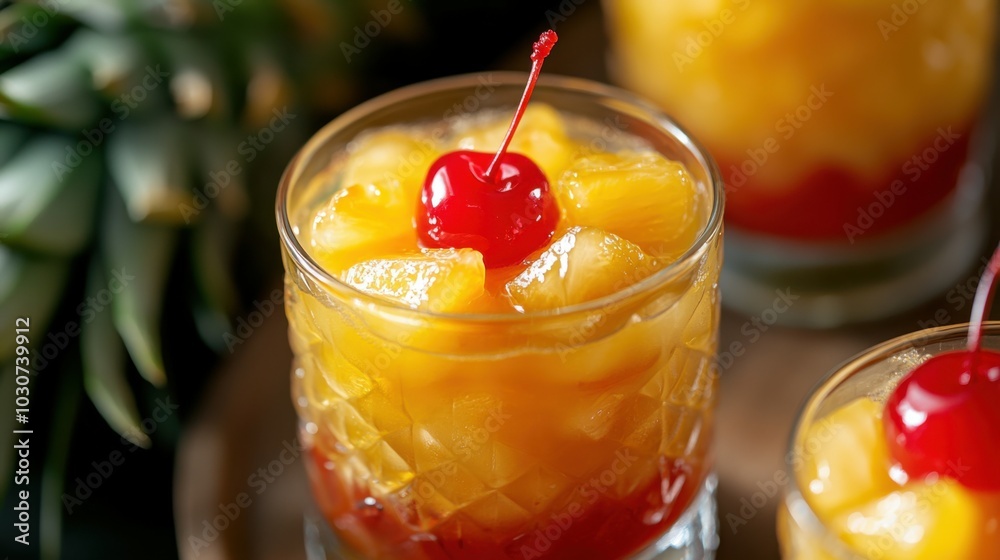 Fresh Pineapple Rings with Maraschino Cherry Garnish Fresh Pineapple Rings with Maraschino Cherry Garnish