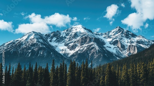 Snow-capped peaks of the Rocky Mountains with open sky for copy space