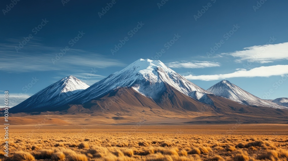 Fototapeta premium Snow-capped volcanoes in the Chilean Andes with wide, empty sky for copy