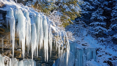 Icicles hanging from a cliff face, with snow-covered trees in the background.