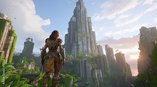 A woman in a post-apocalyptic world stands before a giant, overgrown skyscraper, gazing up at the structure with a mix of wonder and apprehension.
