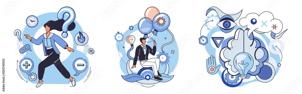 Mindset. Person with question mark, individual with balloons and a thinker illustrate exploration, creativity, and imagination. Ideal for curiosity, problem-solving, innovation, creativity