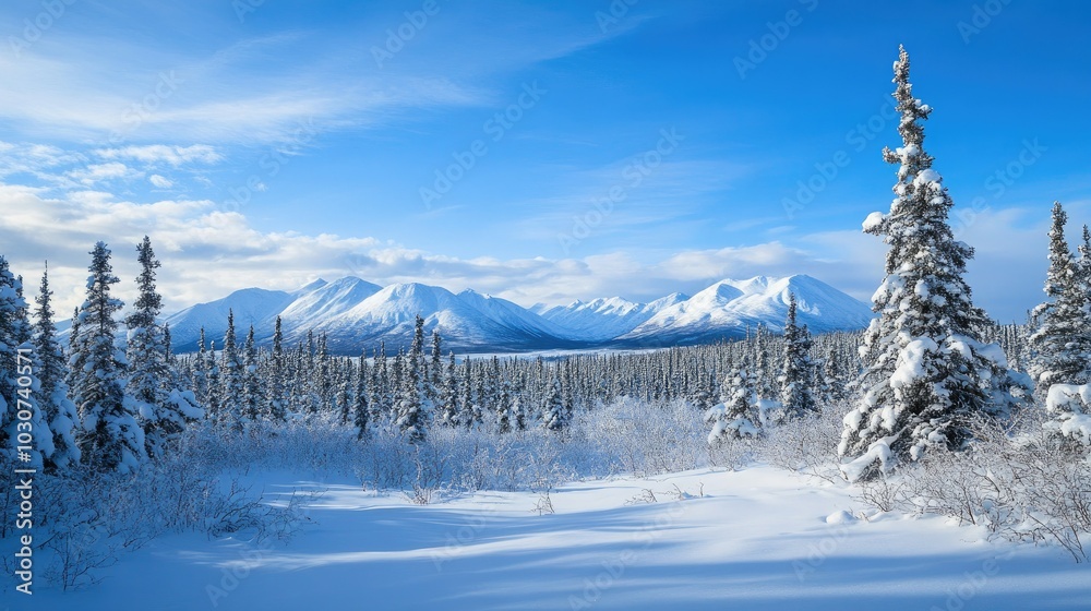 Snow-covered landscape of the Yukon in Canada, with wide-open sky for copy