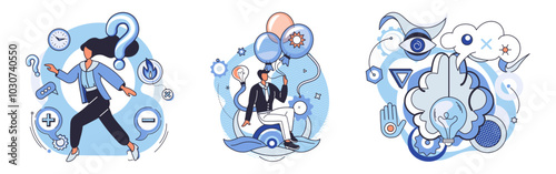 Mindset. Person with question mark, individual with balloons and a thinker illustrate exploration, creativity, and imagination. Ideal for curiosity, problem-solving, innovation, creativity