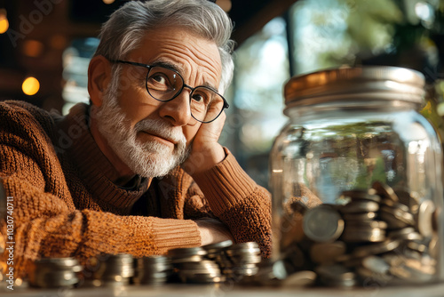 Elderly man with glasses on a table with a glass full of coins