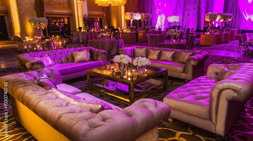 A luxurious, modern lounge area with plush sofas and a mirrored coffee table, set against a backdrop of purple lighting.
