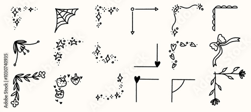Simple Vector Line Art of Doodle Corner and Border Set. Simple  Elegant Design. Frame Collection.
