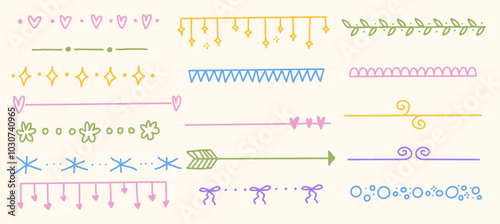 Colorful Doodle Text Dividers Set with Stars, Bows, and Flowers. Vector Borders, Hearts, and Floral Embellishments.