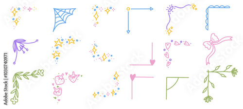 Doodle Color Corner and Border Set with Strawberries, Stars, and Sparkles. Hand-Drawn Floral Frames, Flourishes, and Vines.