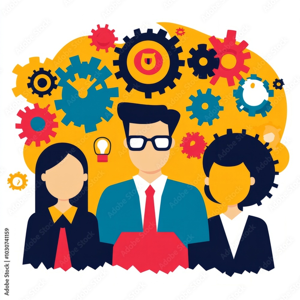 Illustration of three professionals with gears and ideas symbolizing teamwork. Illustration of three professionals with gears and ideas symbolizing teamwork.