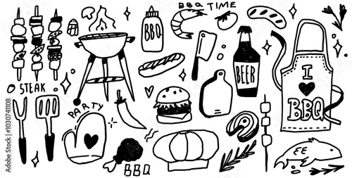 Doodle BBQ Set Featuring Hand Drawn Grill Accessories Icons. Vector Illustration of Beef, Chicken and Fish for Outdoor Cookouts.