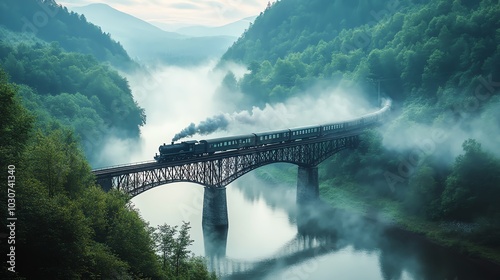 Train crossing foggy bridge in serene landscape