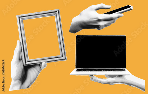 Yellow Paper Background with Hand Holding Smartphone, Frame and Laptop. Halftone Pop Art Vector Design.