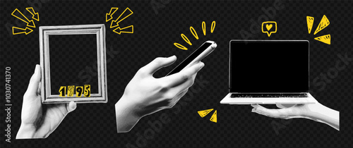 Halftone Vector Collage Illustration of Hand Holding Phone, Laptop and Frame. Digital Art with Pop Design Concept.