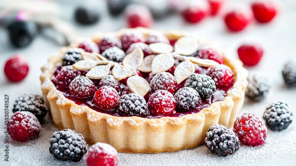 Delicious Berry Tart with Almonds and Icing Sugar on Rustic Table Delicious Berry Tart with Almonds and Icing Sugar on Rustic Table