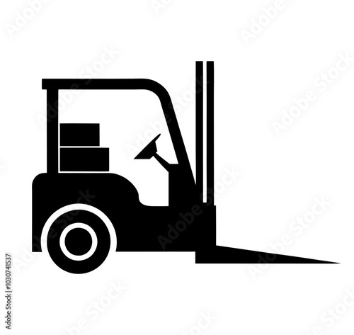 Vector illustration of a cargo transportation forklift, featuring a black and white realistic modern look. Forklift truck outline and icon. photo