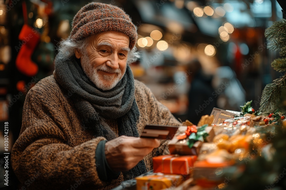 Elderly man smiling while holding a credit card at a Christmas market, surrounded by wrapped gifts and festive decorations, evoking warmth and holiday joy. Elderly man smiling while holding a credit card at a Christmas market, surrounded by wrapped gifts and festive decorations, evoking warmth and holiday joy.
