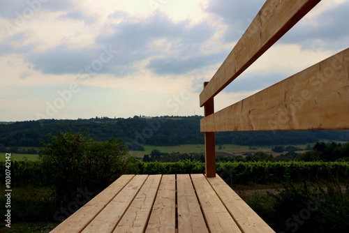 Riesen-Holzbank auf dem neuen Wanderweg Moselsteig Seitensprung Konzer Höhenrunde bei Konz an der Mosel im Landkreis Trier-Saarburg.  photo