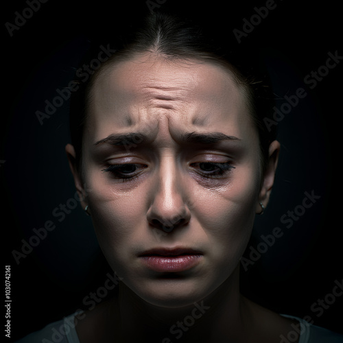 A woman with a sad expression, furrowing her brows, showing emotional distress.