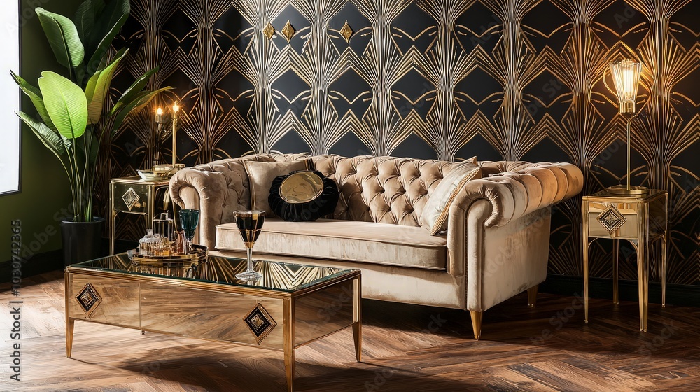 A luxurious living room with a beige tufted sofa, gold and black art deco wallpaper, two matching side tables, a mirrored coffee table, and two glasses of wine.