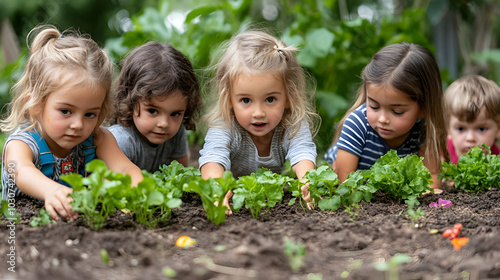 Children gardening together, nurturing plants in a community garden.