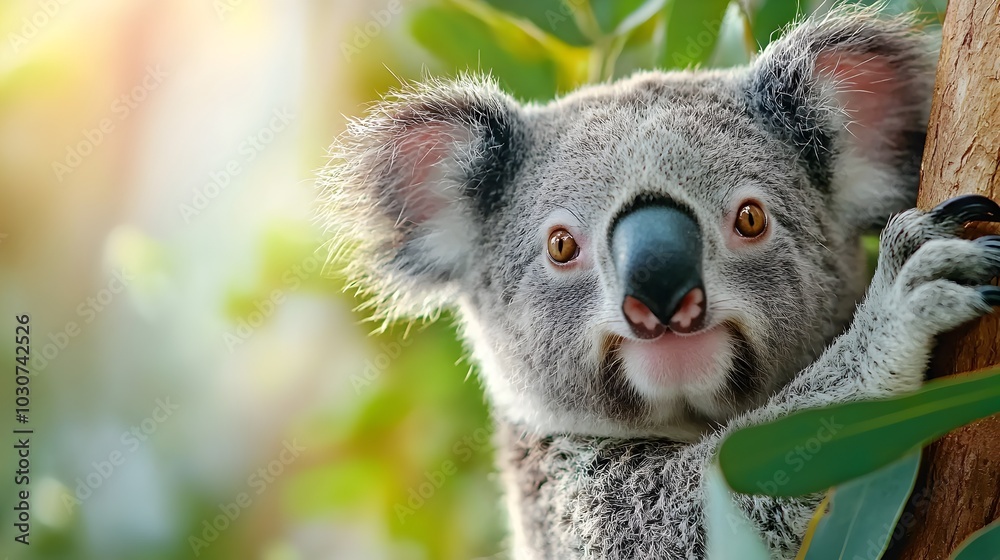 Peaceful Koala Clinging to Eucalyptus Tree with Soft Sunlight Filtering Through the Leaves Creating a Serene and Tranquil Nature Scene Peaceful Koala Clinging to Eucalyptus Tree with Soft Sunlight Filtering Through the Leaves Creating a Serene and Tranquil Nature Scene