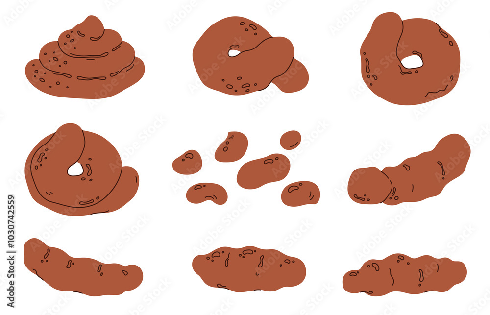 Cartoon brown poop. Animal and human excrement. Different forms and consistency of poo. Digestion for faecal output. Vector illustration Cartoon brown poop. Animal and human excrement. Different forms and consistency of poo. Digestion for faecal output. Vector illustration
